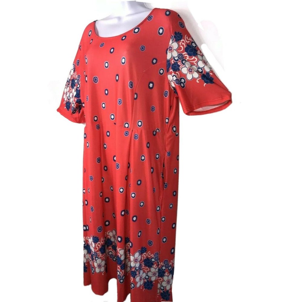 R&B Orange Floral Side-Pocket Below Knee Short Sleeve Shirt Midi Dress Size 3XL